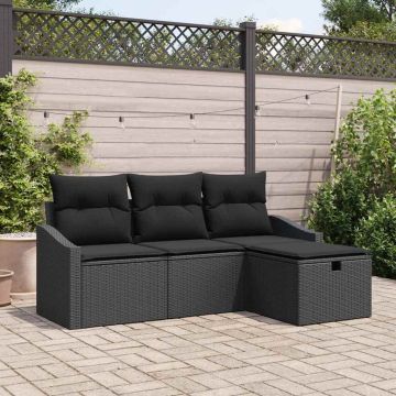 vidaXL Sofos komplektas su pagalve su saugykla 4 pcs Juoda poliratanas