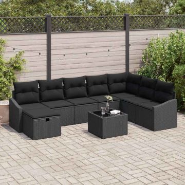 vidaXL Sodo Sofų Rinkinys su pagalve 9 pcs Juoda Poli ratanas