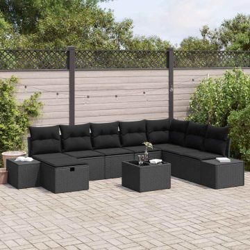 vidaXL Sodo Sofų Rinkinys su pagalve 9 pcs Juoda poliratanas