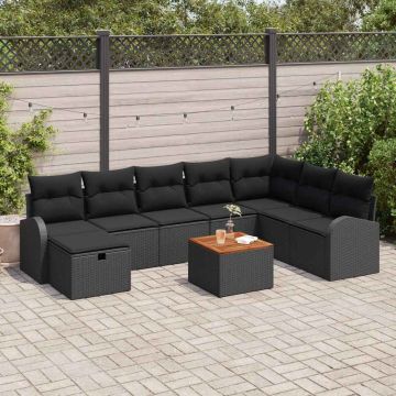 vidaXL Sodo Sofų Rinkinys su pagalve 9 pcs Juoda poliratanas