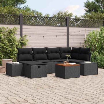 vidaXL Sodo Sofų Rinkinys su pagalve 7 pcs Juoda poliratanas