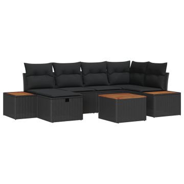 vidaXL Sodo Sofų Rinkinys su pagalve 7 pcs Juoda poliratanas