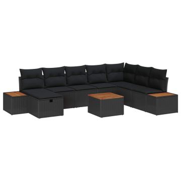 vidaXL Sodo Sofų Rinkinys su pagalve 9 pcs Juoda poliratanas