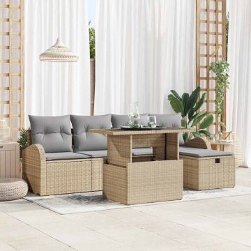 vidaXL Sodo Sofų Rinkinys su pagalve 6 pcs Smėlio Poli ratanas