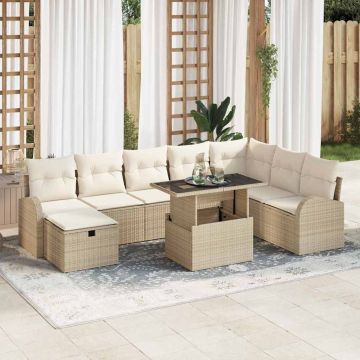 vidaXL Sodo Sofų Rinkinys su pagalve 9 pcs Smėlio Poli ratanas