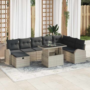 vidaXL Sodo Sofų Rinkinys su pagalve 9 pcs Šviesiai pilka Poli ratanas