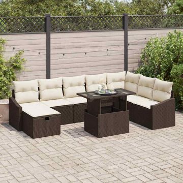 vidaXL Sodo Sofų Rinkinys su pagalve 9 pcs Ruda Poli ratanas