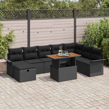 vidaXL Sodo Sofų Rinkinys su pagalve 9 pcs Juoda poliratanas