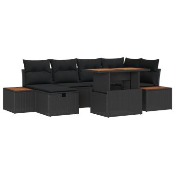 vidaXL Sodo Sofų Rinkinys su pagalve 7 pcs Juoda poliratanas