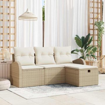 vidaXL Sodo Sofų Rinkinys su pagalve 4 pcs Smėlio Poli ratanas