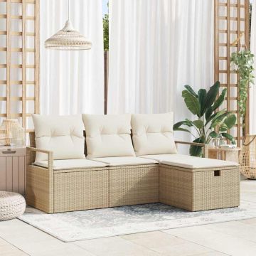 vidaXL Sodo Sofų Rinkinys su pagalve 4 pcs Smėlio Poli ratanas