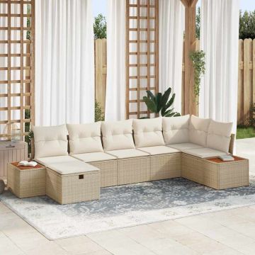 vidaXL Sodo Sofų Rinkinys su pagalve 7 pcs Smėlio Poli ratanas