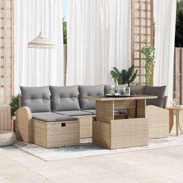 vidaXL Sodo Sofų Rinkinys su pagalve 7 pcs Smėlio Poli ratanas