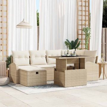 vidaXL Sodo Sofų Rinkinys su pagalve 7 pcs Smėlio Poli ratanas