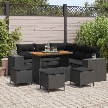 vidaXL Sodo Sofų Rinkinys su pagalve 9 pcs Juoda poliratanas