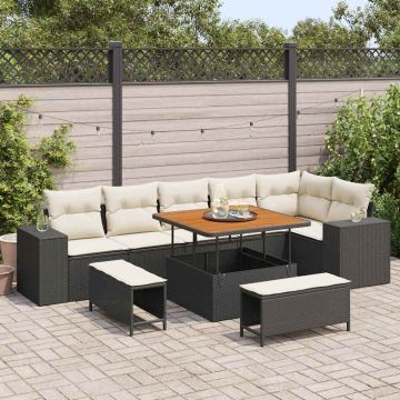 vidaXL Sodo Sofų Rinkinys su pagalve 9 pcs Juoda poliratanas