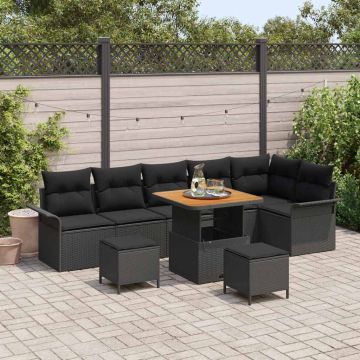 vidaXL Sodo Sofų Rinkinys su pagalve 9 pcs Juoda poliratanas