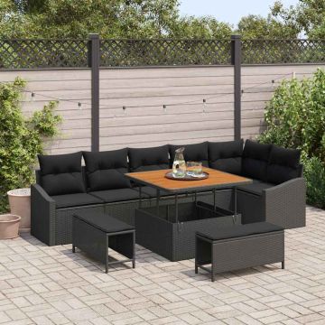 vidaXL Sodo Sofų Rinkinys su pagalve 9 pcs Juoda poliratanas