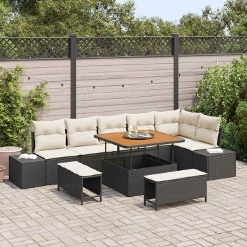 vidaXL Sodo Sofų Rinkinys su pagalve 9 pcs Juoda poliratanas
