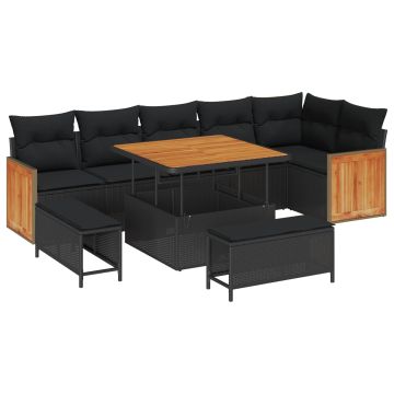 vidaXL Sodo Sofų Rinkinys su pagalve 9 pcs Juoda