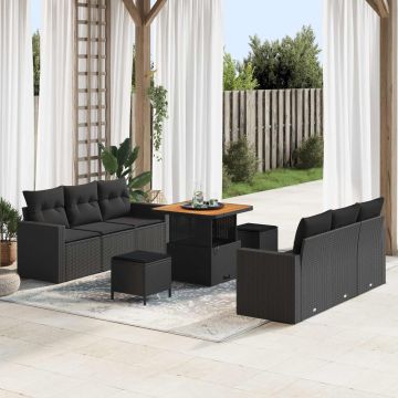 vidaXL Sodo Sofų Rinkinys su pagalve su saugykla 9 pcs Juoda