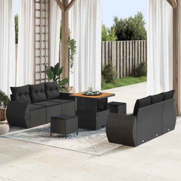 vidaXL Sodo Sofų Rinkinys su pagalve 9 pcs Juoda poliratanas