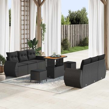 vidaXL Sodo Sofų Rinkinys su pagalve 9 pcs Juoda poliratanas
