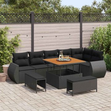 vidaXL Sodo Sofų Rinkinys su pagalve 9 pcs Juoda Poli ratanas