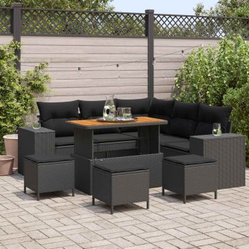 vidaXL Sodo Sofų Rinkinys su pagalve su saugykla 9 pcs Juoda