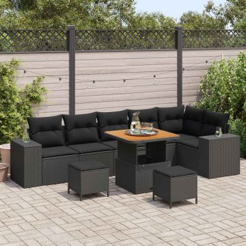vidaXL Sodo Sofų Rinkinys su pagalve 9 pcs Juoda poliratanas