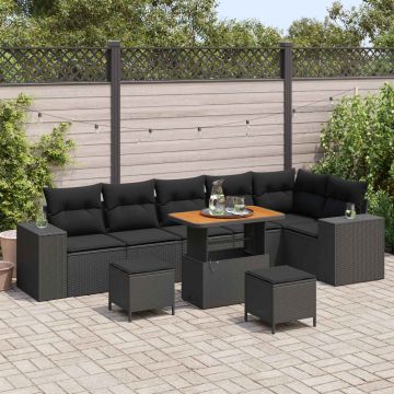 vidaXL Sodo Sofų Rinkinys su pagalve 9 pcs Juoda poliratanas
