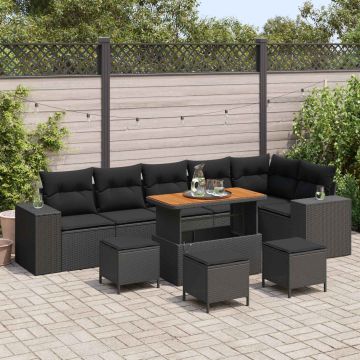 vidaXL Sodo Sofų Rinkinys su pagalve 10 pcs Juoda poliratanas