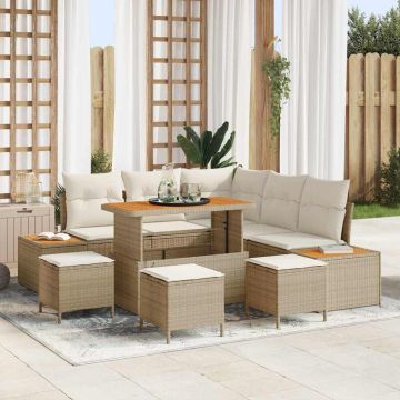 vidaXL Sodo Sofų Rinkinys su pagalve 9 pcs Smėlio Poli ratanas