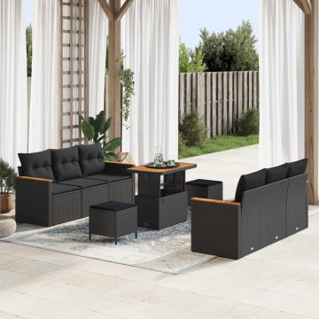 vidaXL Sodo Sofų Rinkinys su pagalve 11 pcs Juoda poliratanas
