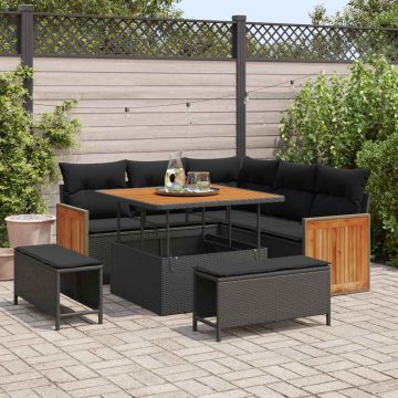 vidaXL Sodo Sofų Rinkinys su pagalve 9 pcs Juoda poliratanas