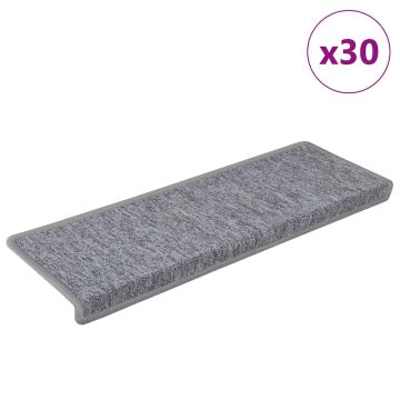 vidaXL Laiptų kilimėliai, 30 vnt., 65x21x4 cm, šviesiai pilki, stačiakampiai kraštai