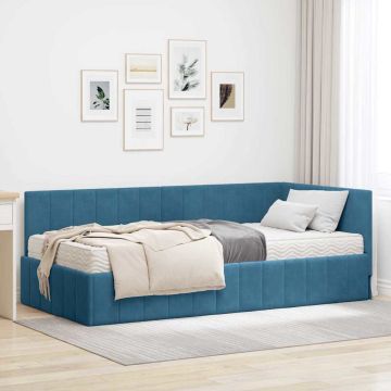 vidaXL Kampinė lovos konstrukcija su čiužiniu 2 pcs Mėlyna Aksomas