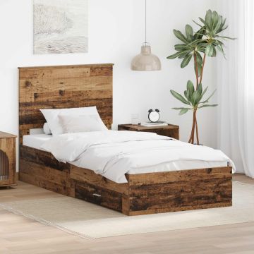 vidaXL Lovos rėmas su stalčių Senas medis 90 x 200 cm Apdirbta mediena
